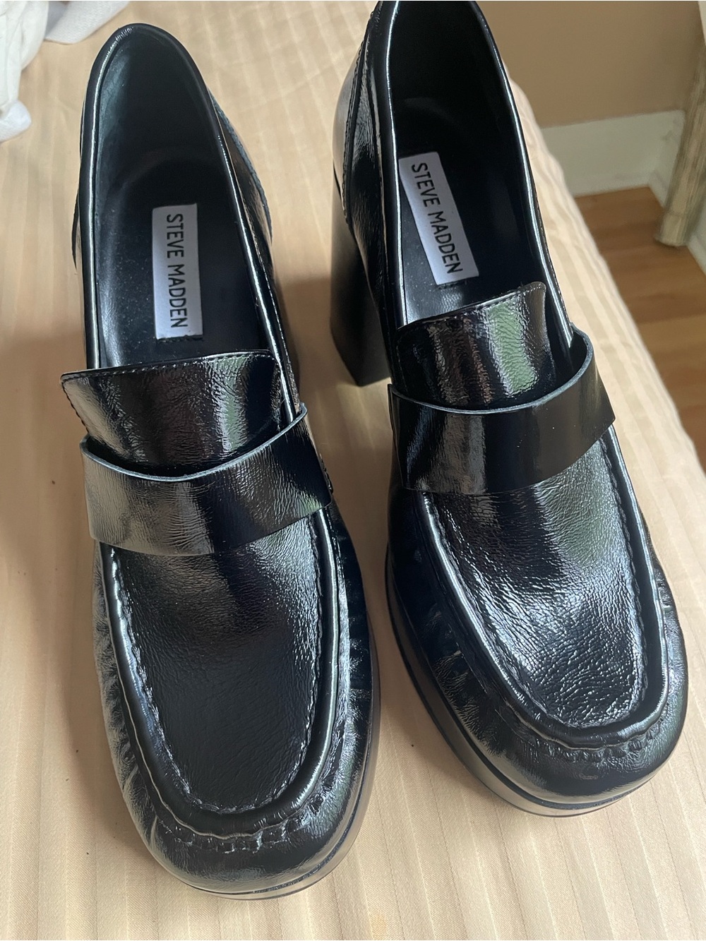 Steve Madden Black Patent Block Heel Loafers - Glossy Penny Strap